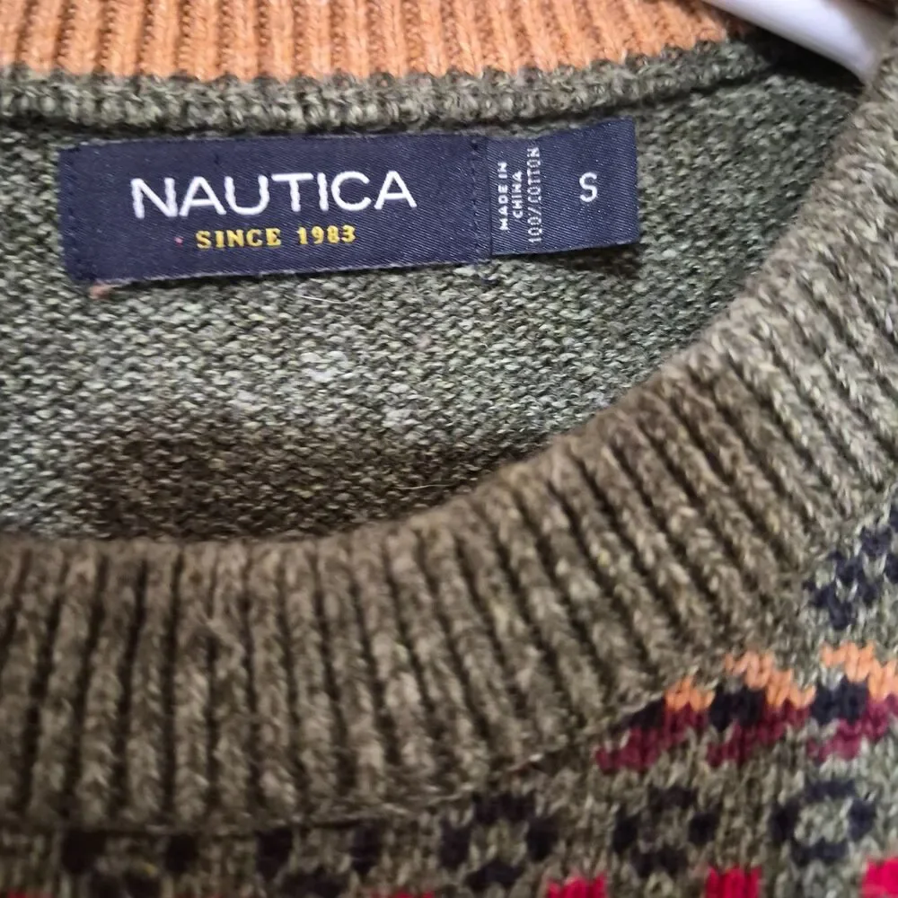 Nautica Men’s Green w/ Red Yellow Pattern Crewneck Cotton Sweater Size S